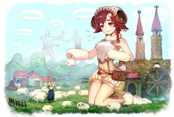 Картинка аниме животные +существа девочки барашки великан арт cherokee