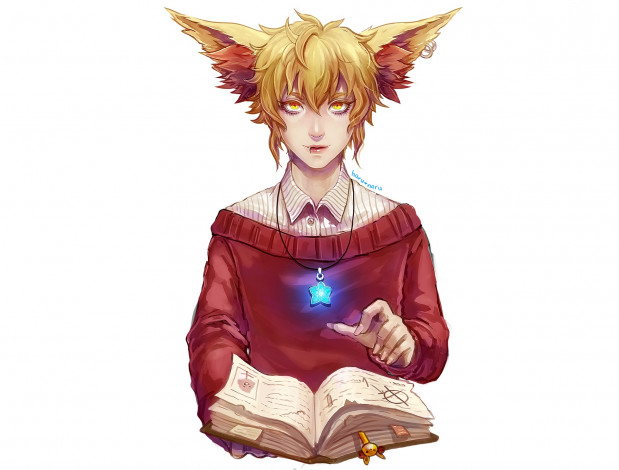 Обои картинки фото аниме, животные,  существа, парень, ушки, книга