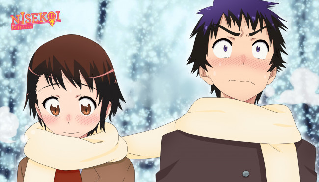 Обои картинки фото nisekoi, аниме, фон, взгляд, девушка, парень