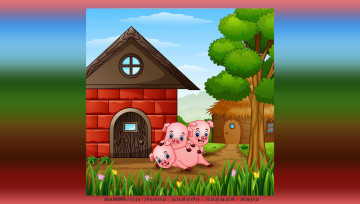 Картинка календари рисованные +векторная+графика дом поросенок дерево цветы свинья