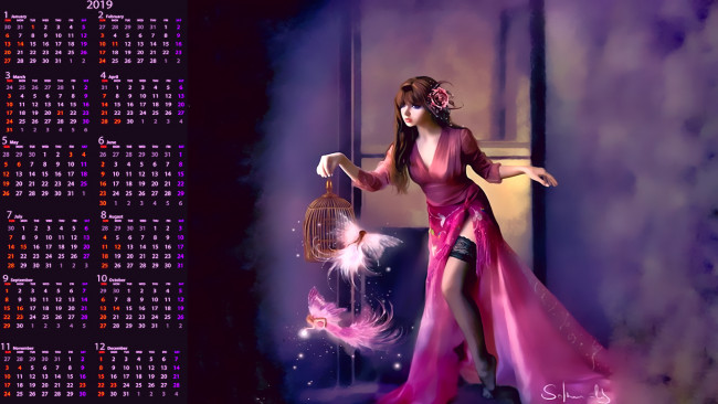 Обои картинки фото календари, фэнтези, девушка, клетка, фея