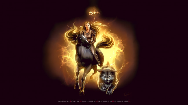 Обои картинки фото календари, фэнтези, лошадь, девушка, волк, конь