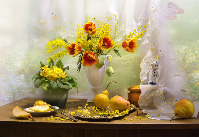 Обои картинки фото еда, натюрморт, букет, примула, груши