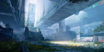 Картинка фэнтези иные+миры +иные+времена город лестница развалины растения