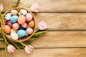 Картинка праздничные пасха корзина яйца тюльпаны