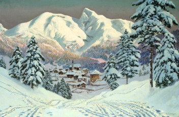 обоя рисованное, alois arnegger, горы, снег, лес, зима, дома, долина, следы