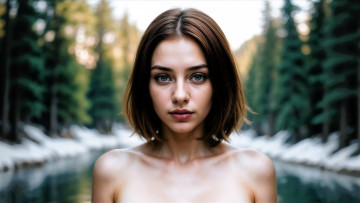 Картинка 3д+графика портреты+и+лица+ portraits+and+faсes шатенка лицо река снег ёлки лес