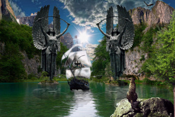 Картинка фэнтези пейзажи солнце скалы статуя судно