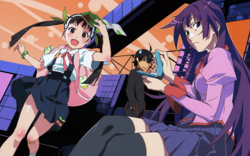Картинка аниме bakemonogatari senjougahara+hitagi девушка форма инструменты степлер araragi+koyomi мужчина hachikuji+mayoi книга портфель бант здания небо