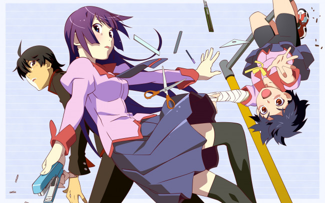 Обои картинки фото аниме, bakemonogatari, senjougahara hitagi, девушка, форма, инструменты, степлер, ножницы, карандаш, ручка, нож, araragi koyomi, мужчина, kanbaru suruga, бинт, шорты