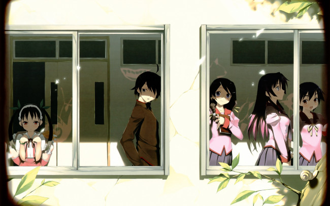 Обои картинки фото аниме, bakemonogatari, senjougahara hitagi, девушка, форма, araragi koyomi, мужчина, kanbaru suruga, бинт, hanekawa tsubasa, очки, косички, hachikuji mayoi, портфель, бант, книга