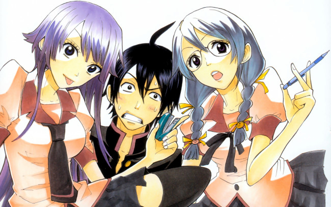 Обои картинки фото аниме, bakemonogatari, senjougahara hitagi, девушка, форма, инструменты, степлер, hanekawa tsubasa, косички, очки, araragi koyomi, мужчина