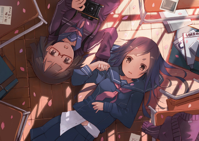 Обои картинки фото аниме, *unknown, другое, школьная, форма, книги, фотоаппарат, девушки