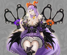 Картинка аниме ангелы +демоны pantsumoriko девушка демон рога крылья платье доспех оружие перчатка кастет цветок кулон череп