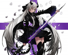 Картинка аниме ангелы +демоны pantsumoriko девушка демон рога крылья хвост хребет оружие меч платье лепестки бант доспех