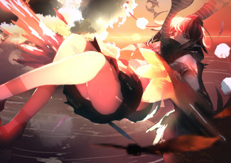 Картинка аниме touhou shameimaru aya закат взгляд небо ноги девушка арт omo utakatadice вода