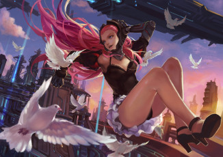 Картинка аниме pixiv+fantasia птицы город шлем девушка арт pixiv fantasia