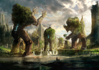 Картинка фэнтези роботы +киборги +механизмы город существа деревья арт you shimizu вода люди руины