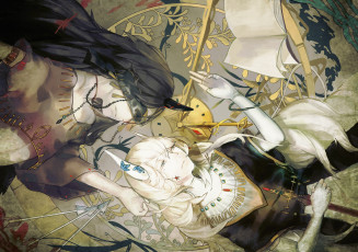 Картинка аниме ангелы +демоны nibanmachi wakai мужчина рога повязка демон оружие меч перчатки серьги браслет книга подвеска кулон цепь украшения ожерелье часы стрела