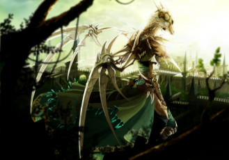 Картинка аниме ангелы +демоны souya touki девушка демон ангел крылья череп кости броня ожерелье украшения чешуя рога город когти платок деревья