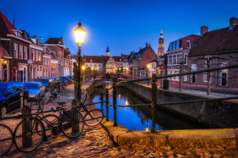 Картинка amersfoort+blue+hour города -+огни+ночного+города огни набережная канал верер