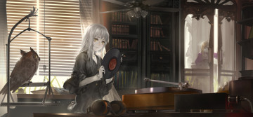 Картинка аниме pixiv+fantasia pixiv fantasia alcd арт девушка проигрыватель жалюзи окна пластинка наушники комната птица сова
