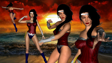 обоя 3д графика, фантазия , fantasy, девушки, взгляд, фон, закат, море, облака