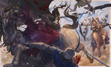 Картинка аниме pixiv+fantasia плащ кровь всадник лошади парень арт oca pixiv fantasia