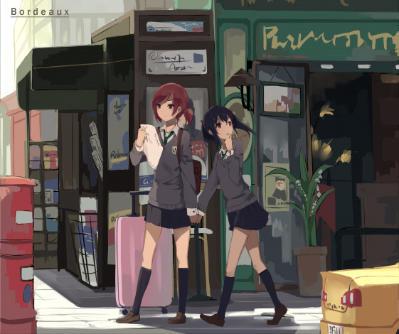 Обои картинки фото аниме, love live,  school idol project, nishikino, maki, yazawa, nico, улица, девушки, gensou, kuro, usagi