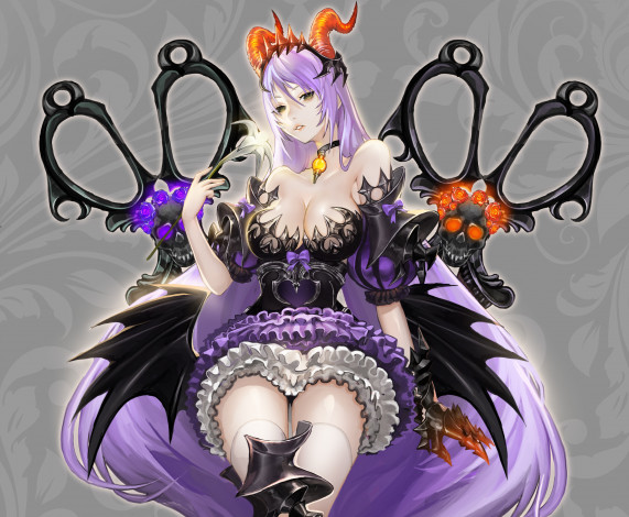 Обои картинки фото аниме, ангелы,  демоны, pantsumoriko, девушка, демон, рога, крылья, платье, доспех, оружие, перчатка, кастет, цветок, кулон, череп