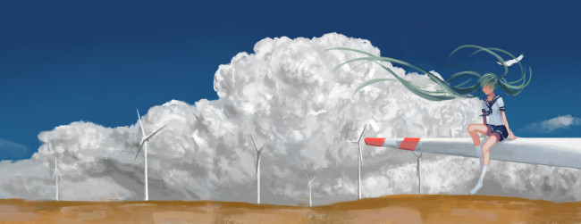 Обои картинки фото аниме, vocaloid, hatsune, miku, sombernight, арт, девушка, небо, облако, мельница
