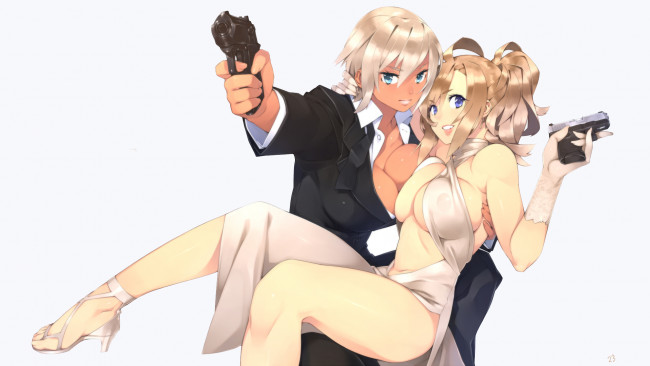 Обои картинки фото аниме, оружие,  техника,  технологии, девушки, real, xxiii's, dark, skinned, girl, xxiii, платье, костюм, ahoge, пистолет, перчатки, туфли