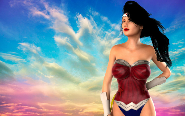 Обои картинки фото 3д графика, фантазия , fantasy, облака, фон, взгляд, девушка