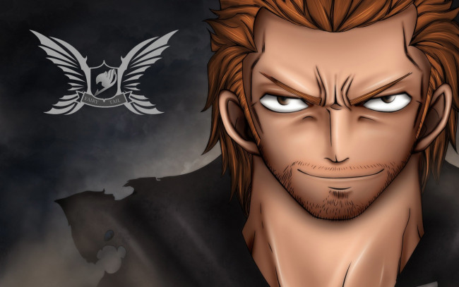 Обои картинки фото fairy tail, аниме, лицо, взгляд, фон, логотип, мужчина