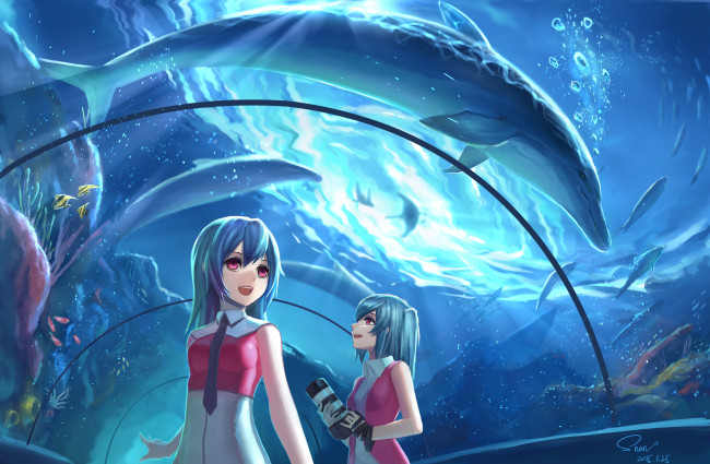Обои картинки фото аниме, животные,  существа, tagme, character, shon, арт, девушки, дельфин, рыбы, вода, аквариум