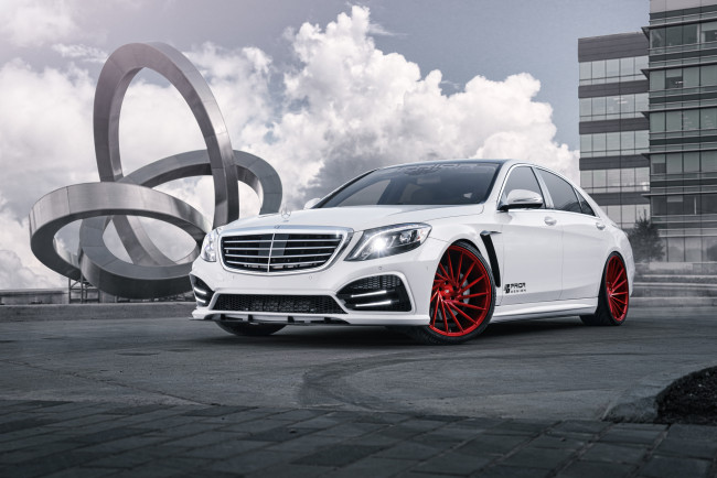 Обои картинки фото автомобили, mercedes-benz, design, prior, motors, wheels, red, vossen, kit, body, evs, amg, s550