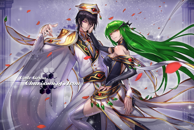 Обои картинки фото аниме, code geass, cc, lelouch, lamperouge, ryuuzaki, itsu, девушка, мужчина, платье, костюм, плащ, шапка, украшения, лепестки, камни