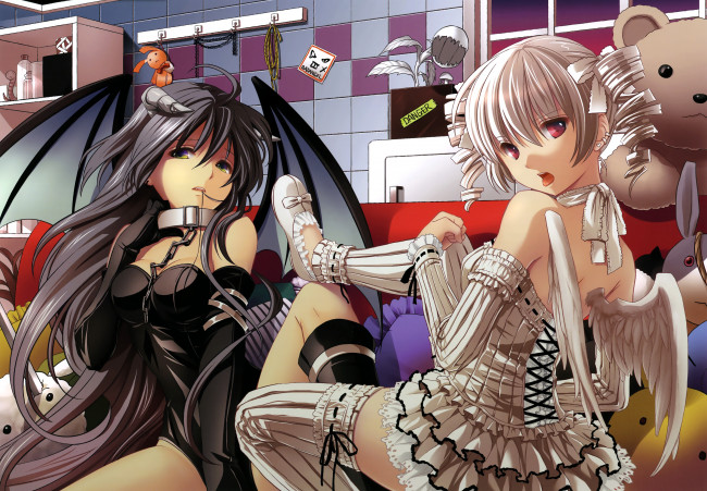 Обои картинки фото аниме, ангелы,  демоны, ангел, девушки, nacht, арт, демон