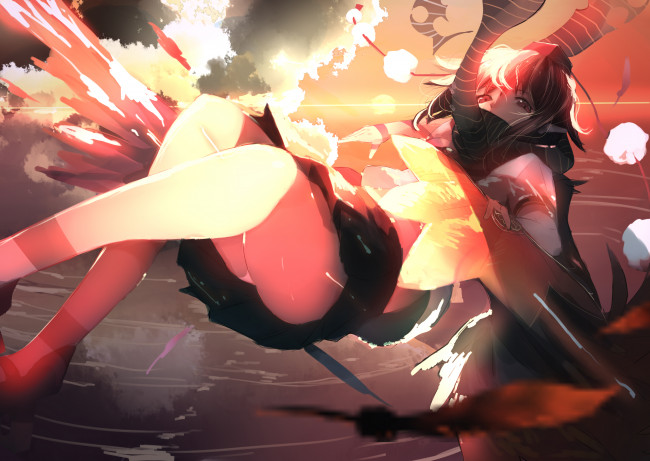 Обои картинки фото аниме, touhou, shameimaru, aya, закат, взгляд, небо, ноги, девушка, арт, omo, utakatadice, вода