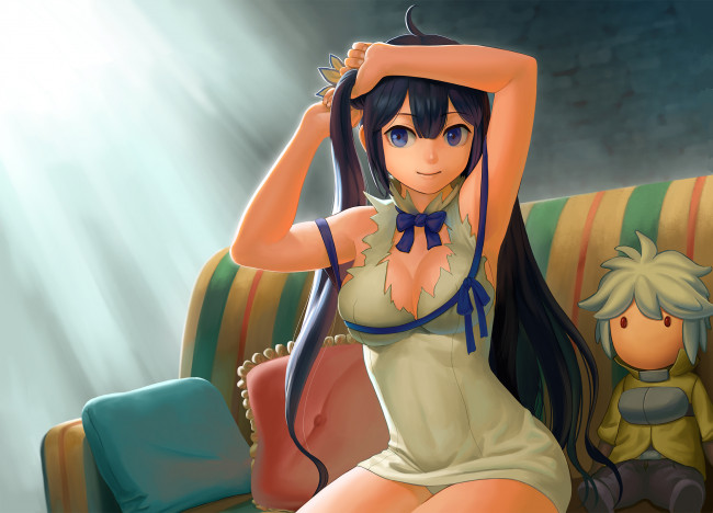 Обои картинки фото аниме, danmachi, брюнетка, девушка, арт, lasterk, hestia