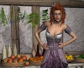 Картинка 3д+графика люди+ people фон фрукты девушка взгляд