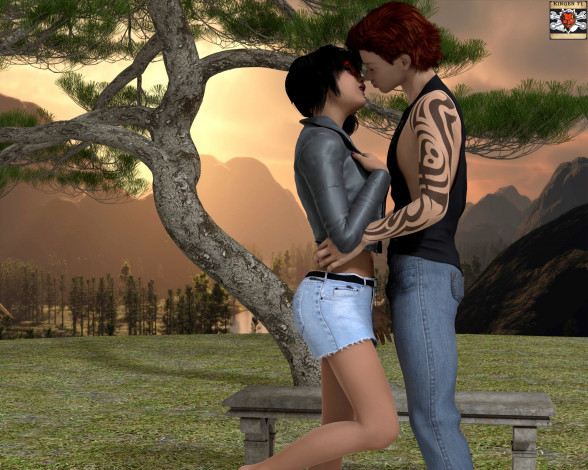 Обои картинки фото 3д графика, романтика , romantics, фон, парень, взгляд, девушка