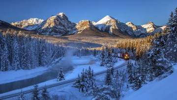 Картинка природа пейзажи bow river canada alberta долина боу banff national park альберта железная дорога канада canadian rockies valley поезд река национальный парк банф снег деревья горы лес зима скалистые