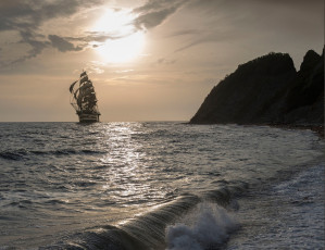 Картинка корабли парусники закат парусник скалы корабль море