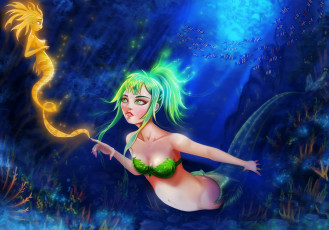 Картинка аниме животные +существа русалка фон вода девушка