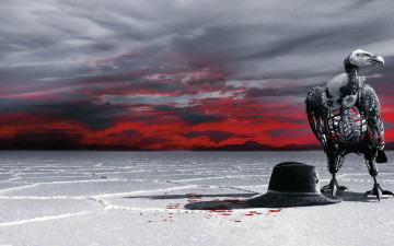 Картинка кино+фильмы westworld+ сериал закат westworld тень ворон зарево шляпа скелет перья
