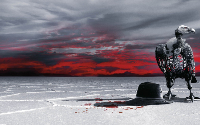 Обои картинки фото кино фильмы, westworld , сериал, закат, westworld, тень, ворон, зарево, шляпа, скелет, перья