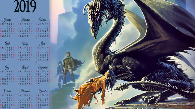 Обои картинки фото календари, фэнтези, оружие, воин, мужчина, женщина, дракон