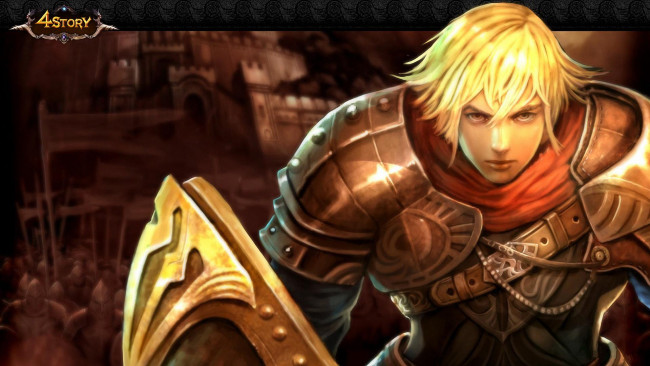 Обои картинки фото видео игры, 4 story, парень, воин, броня, щит, армия, крепость
