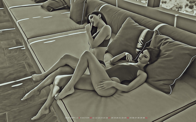 Обои картинки фото календари, компьютерный дизайн, сидеть, подушка, девушка, двое, отдых